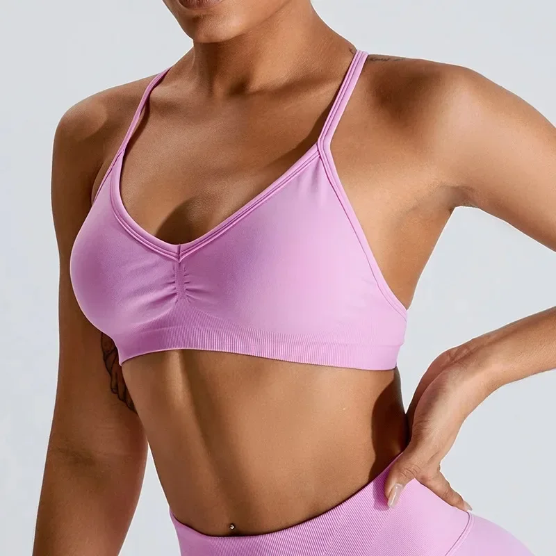 Women's Seamless Scrunch Push-Up Sports Bra - High Support, Adjustable Thin Straps, Yoga Tank Top Style Fitness Underwear