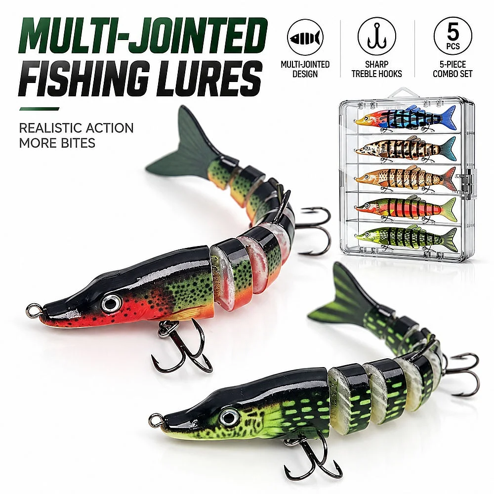 8-Jointed Swimbait Musky Bait Slow Sinking Wobbler 3/5/10 Pack Rattle 3D Eyes for Bass Salmon in Stream