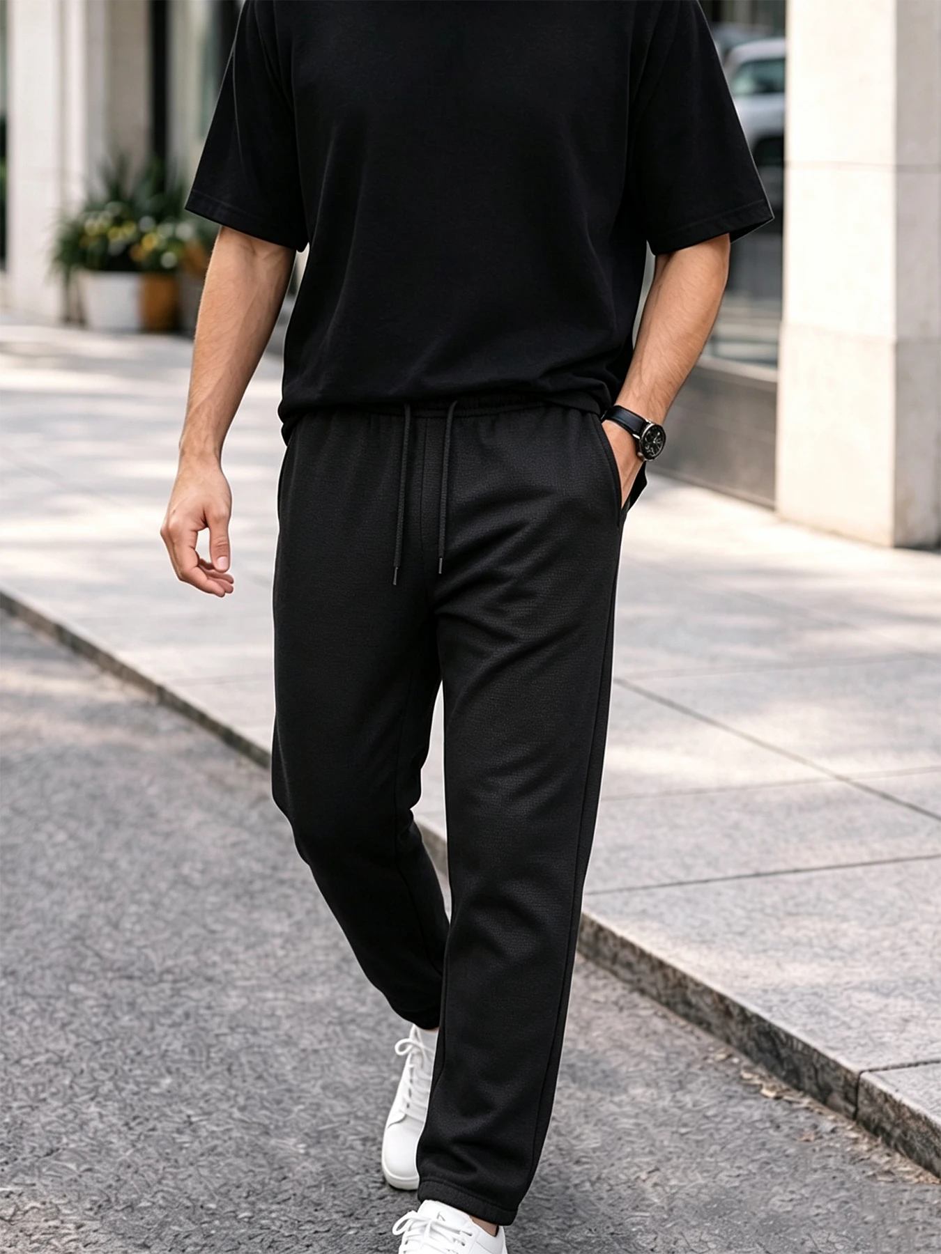 Men Waffle Textured Straight Jogger Sweatpants Elastic Drawstring Waist Flat Cuff Ankle Lightweight Breathable Wrinkle Resistant