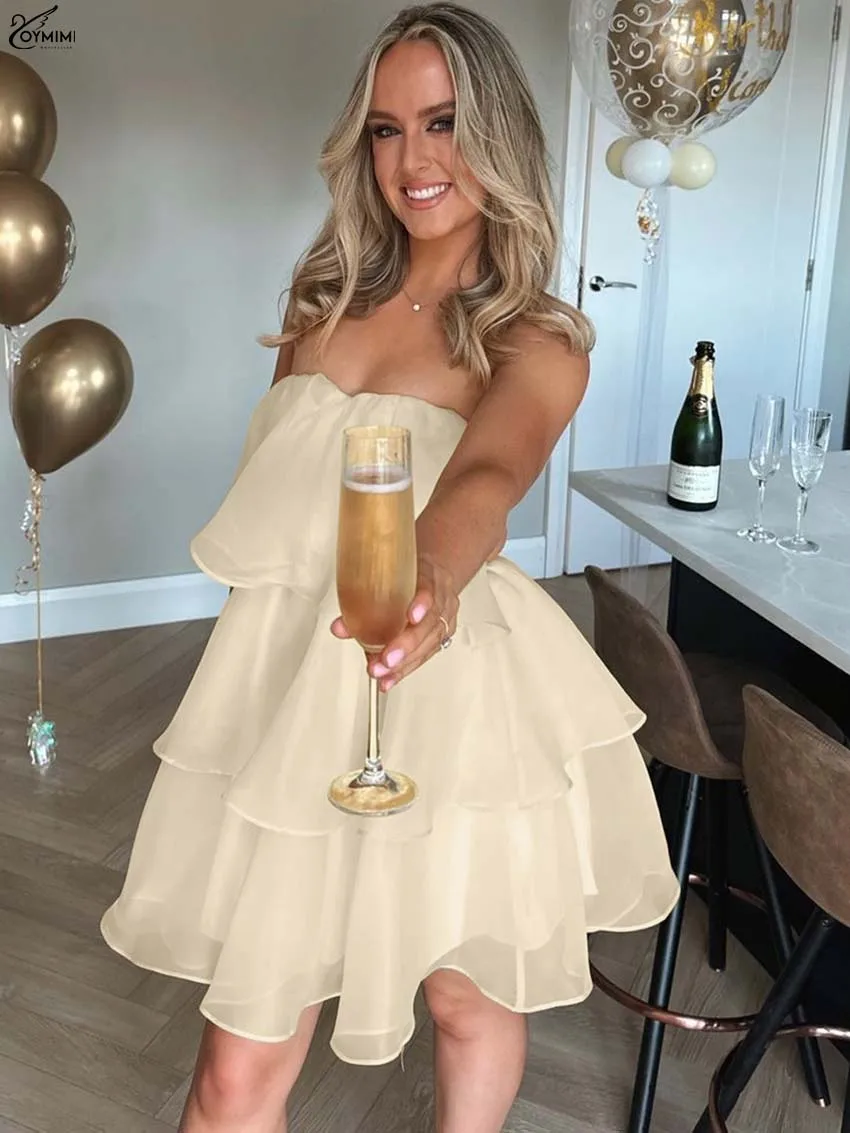 Oymimi-vestido informal con volantes de color albaricoque para mujer, vestidos a la moda de cintura alta con espalda abierta, minivestidos plisados con cremallera elegante, ropa de calle