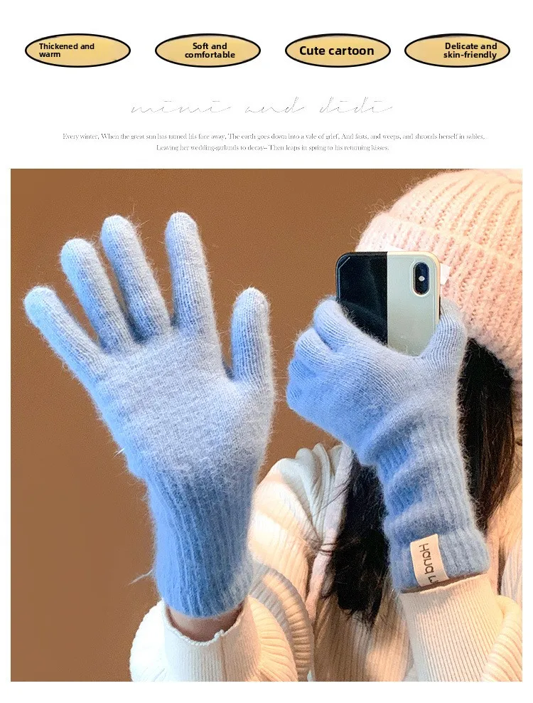 Women Wool Cashmere Gloves Cable Knit Touchscreen Finger Hole Winter Autumn Warm Wrist Length Classic Gloves Female Mitten