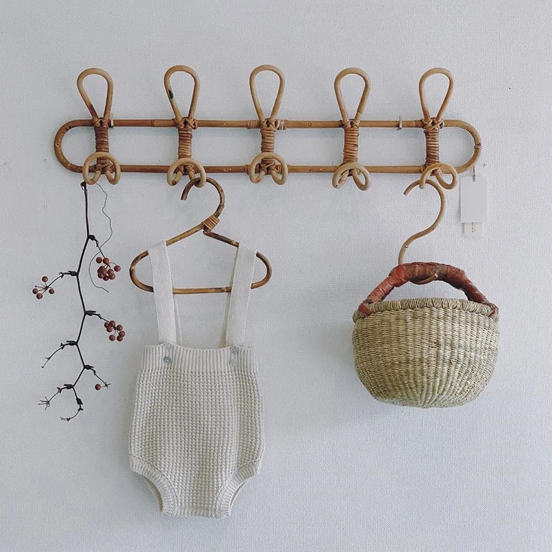 Handmade ins Indonesian rattan clothes shelf retro long strip wall-mounted hook photo props coat hook row