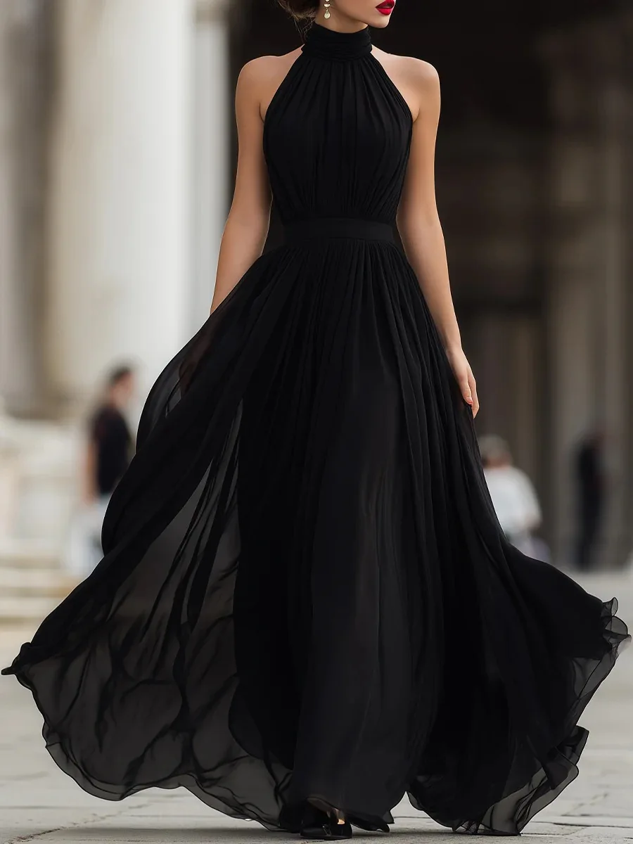 Modernes, schwarzes, langes Halter-Kleid, koreanische Hochzeitskleider, Fotoshooting, ärmelloses Hochzeitskleid, Brautkleid, nach Maß gefertigt. – Detail 1