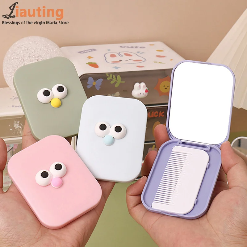 Portable Cartoon Cute Folding Travel Makeup Mirror With Comb Mini Handheld For Women Girls Multicolour Make Up Styling Tool