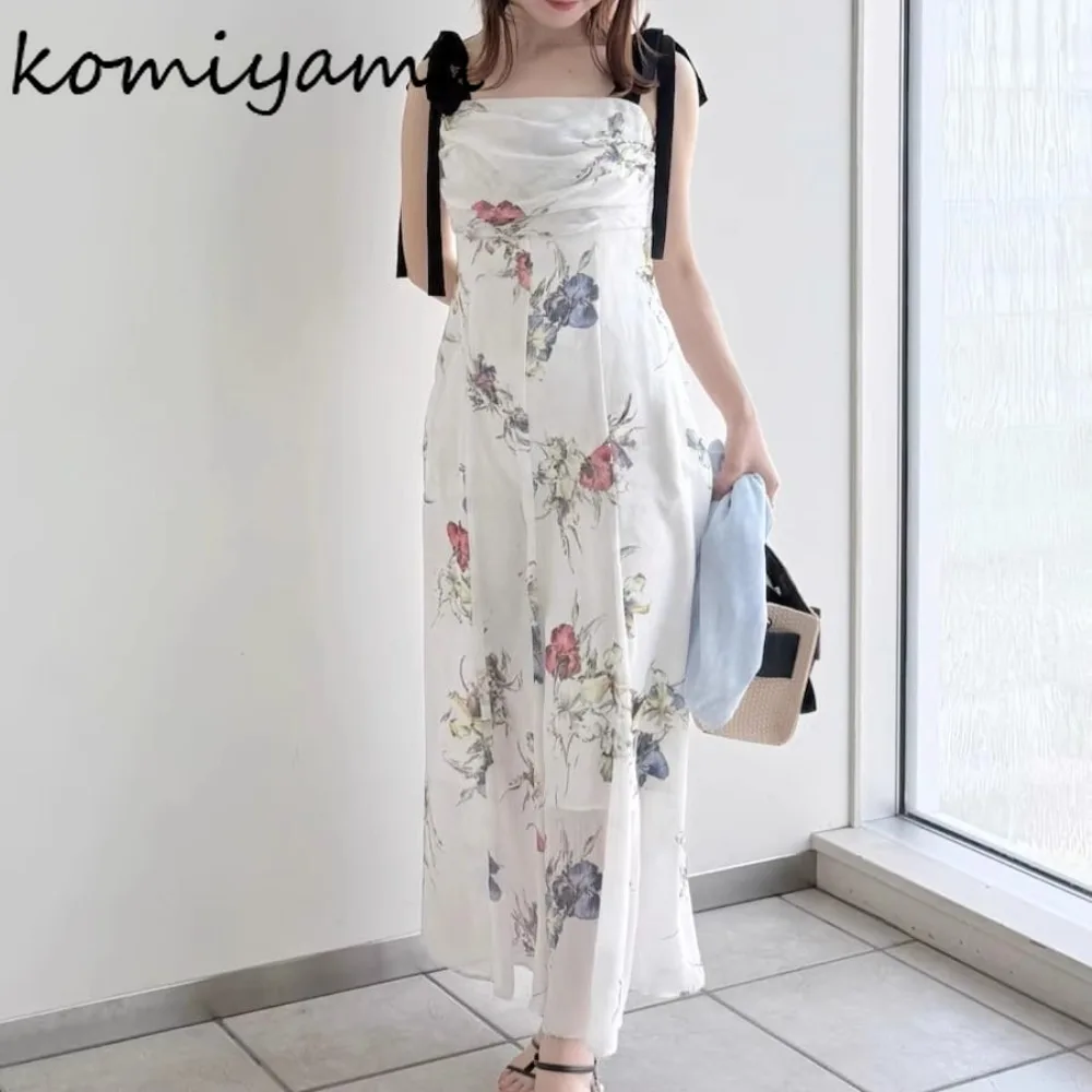 

Fairy Flower Print 2025 Vestidos Bow Bandage Dress A-line Straps Dresses Woman Fresh Robe Summer New Sleeveless Ropa De Mujer