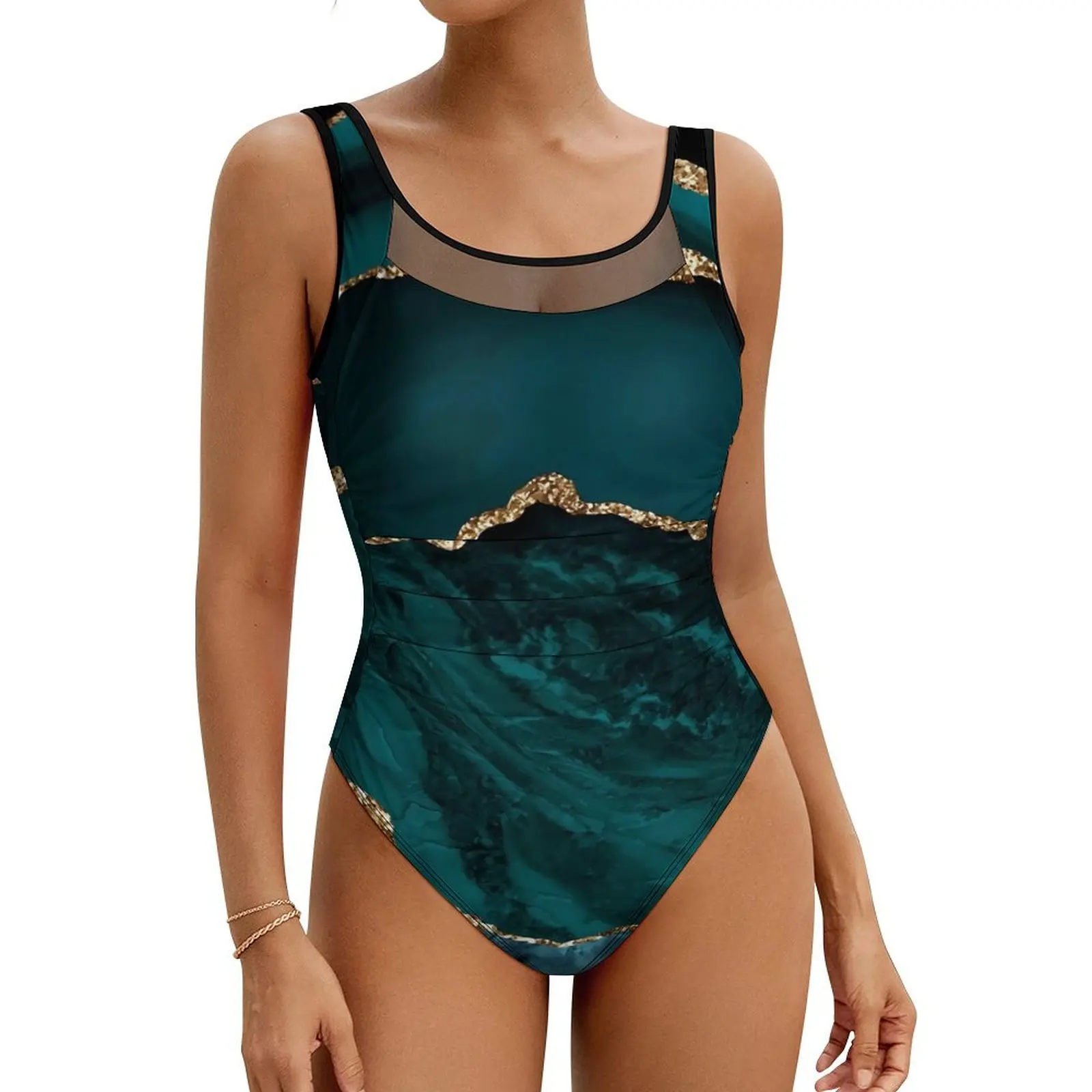 Gold Marble Swimsuit Blue and Green Push Up Swimwear One-Piece Fitness Bathing Suit Swimsuits Sexy Beach Outfits Plus Size