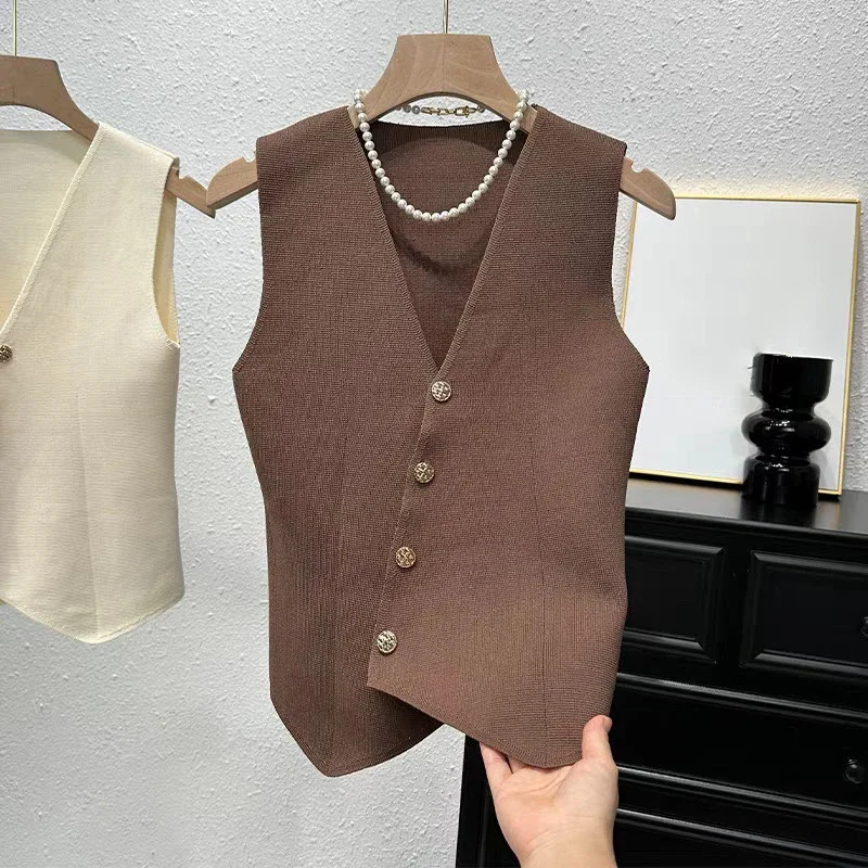 Summer French Retro Irregular Single-breasted V-neck Sleeveless Slim Knitted Vest For Women