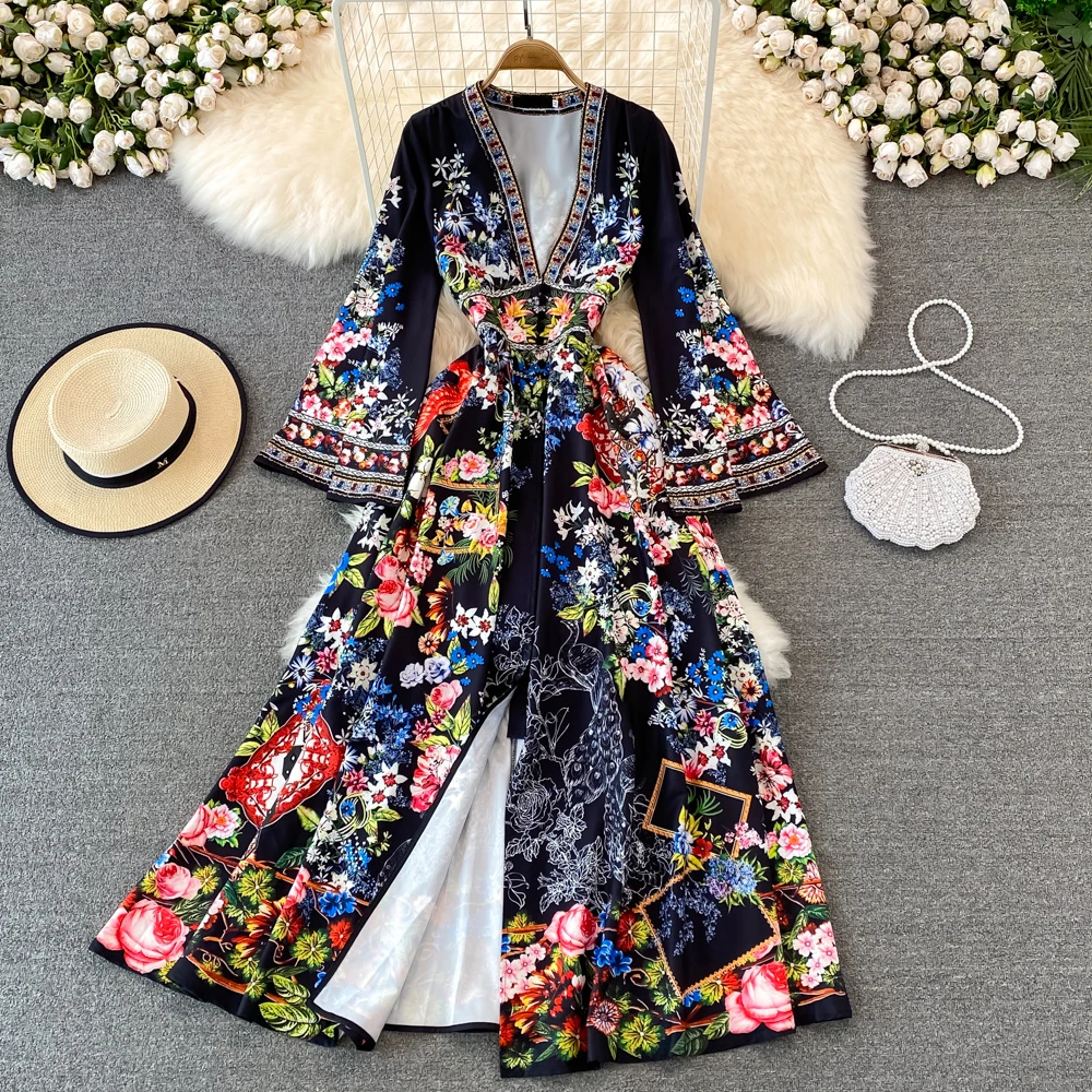 EHQAXIN Sexy Deep V-Neck Holiday Dress Summer Women's Long Flare Sleeve Buttons Up Floral Print Split Long Party Robes S-2XL