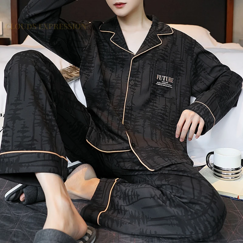 Spring Autunm Plus Knitted Cardigan Pjs Turn-down Men's Pajama Sets Male Pyjamas Plaid Loungewear 3XL Sleepwear Homewear Fashion