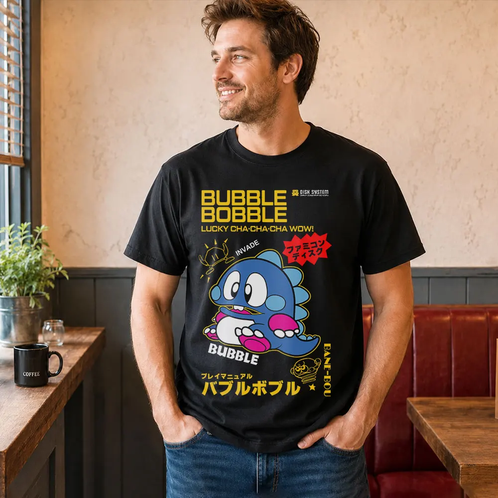 Retro Pixels Arcade Game Bubble Bobble Lucky Cha Cha Cha Wow! Gift T-shirt for gamer Cute Cartoon Dinosaurs Graphic Clothes