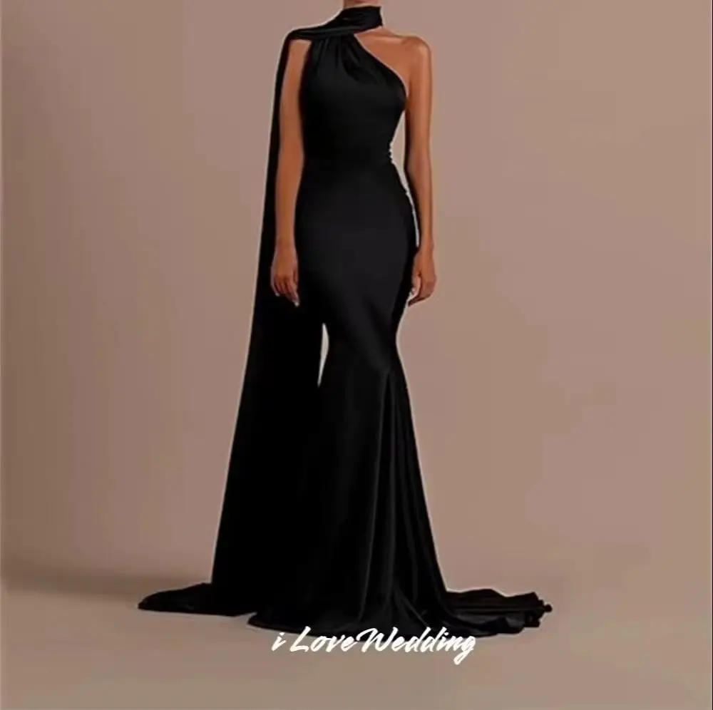 Black One Shoulder Evening Dresses 2025 Satin Sleeveless Mermaid Long Scarf Backless Sweep Train Wedding Party Dress Customized