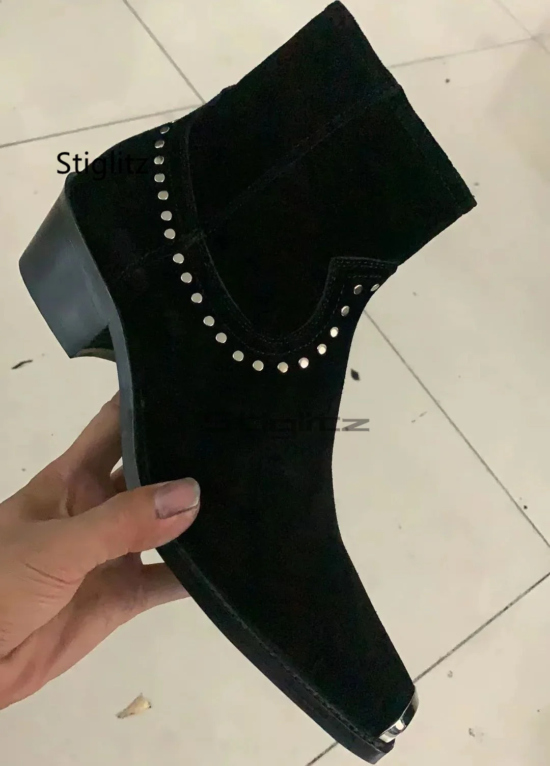 Men's Metal Square Toe Chelsea Boots Black Suede Rivet Ankle Boots Side Zip High Heel British Style Party Business Dress Shoes