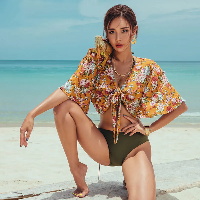 

Retro Sexy Bikini Three-piece Set Long Sleeve Beachwear Women's Sunscreen Beach Dress Cover-up Three-in-One Holiday Swimsuit