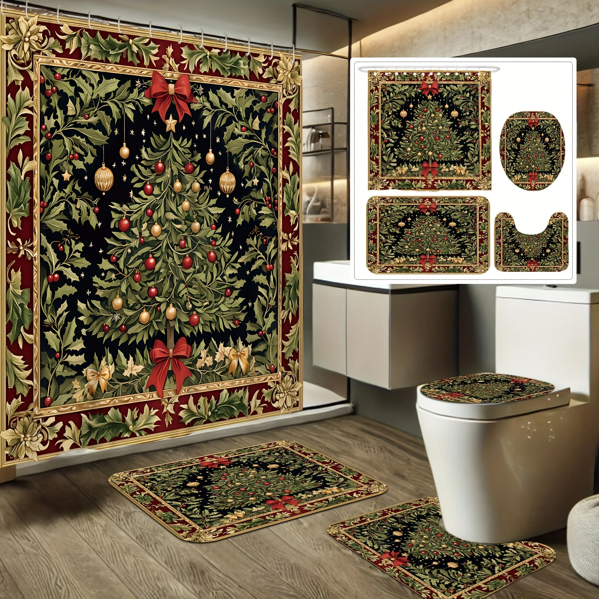 

Рождественский душевой набор из 4 предметов — елочные украшения с бантом и листьями, винтажный красный, зеленый принт, 12 крючков, нескользящий коврик, U-образный чехол для сиденья, праздничный декор