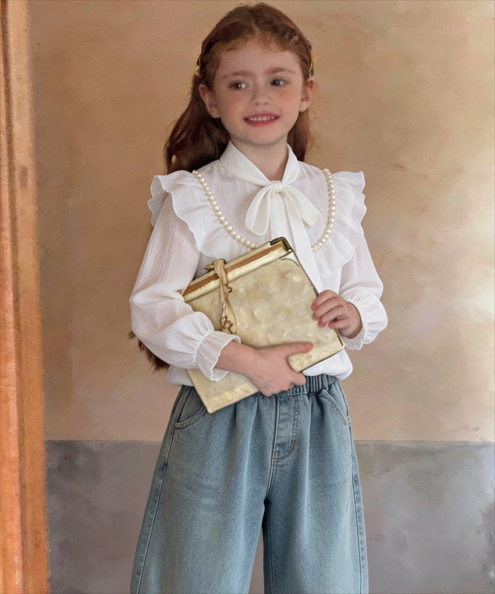 Kids Cotton Shirt Lace White Girls Undershirt Top Sunscreen Clothing Kids Student Long Sleeve Casual Loose Wide Leg Denim Pants