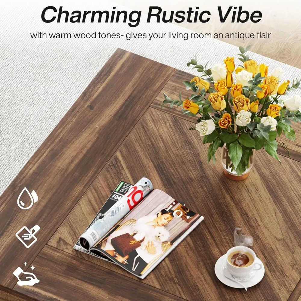 Square Coffee Table, Wood Center Table for Living Room, 31.5" Modern Cocktail Tea Accent Table, Rustic Brown & Black