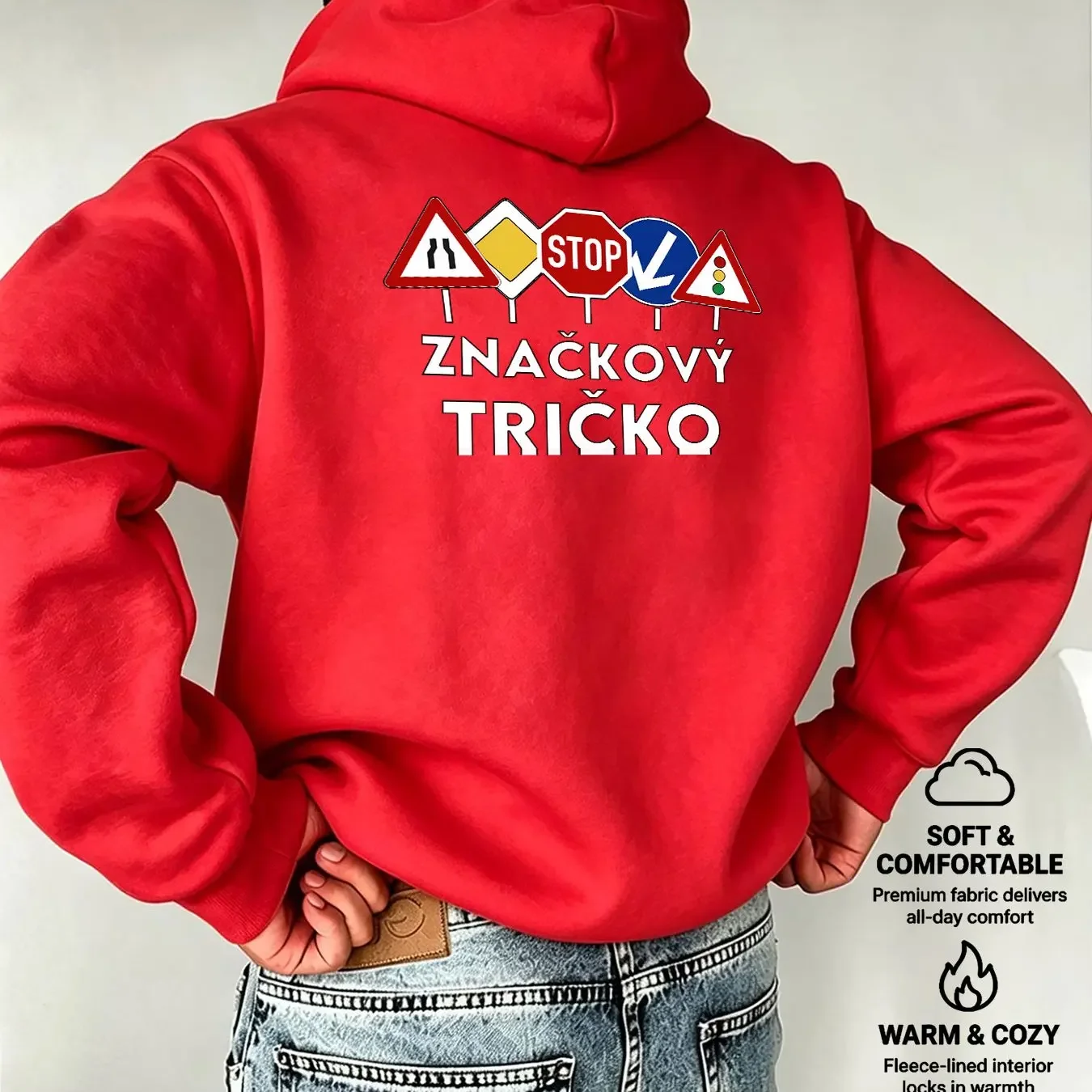 Men's Czech-language Road Warning Stop Traffic Sign Print Hooded Sweatshirt with Back Comfortable and Cool Car Street Style