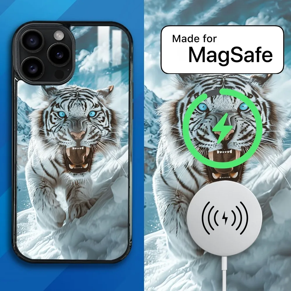 Animal White Tiger Magnetic Phone Case For iPhone 15 14 13 12 11 Pro Max Plus Mini Mirror Wireless Magnetic Cover Magsafe Case