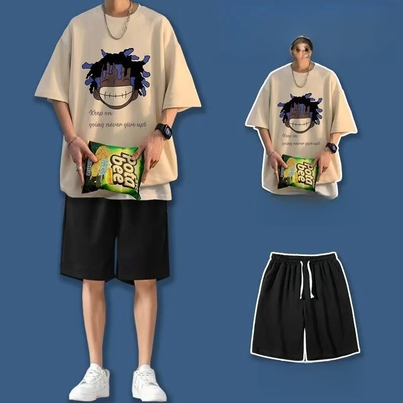 

Summer Printed Short-sleeved T-shirt Men's Trend Loose Casual Student Sports Suit Men's One Set with Two Pieces