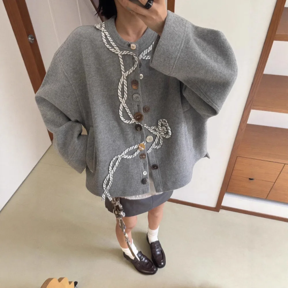 2026 Art Rope Round Neck Jacket Unisex Single Row Multi Button Coat jacket women