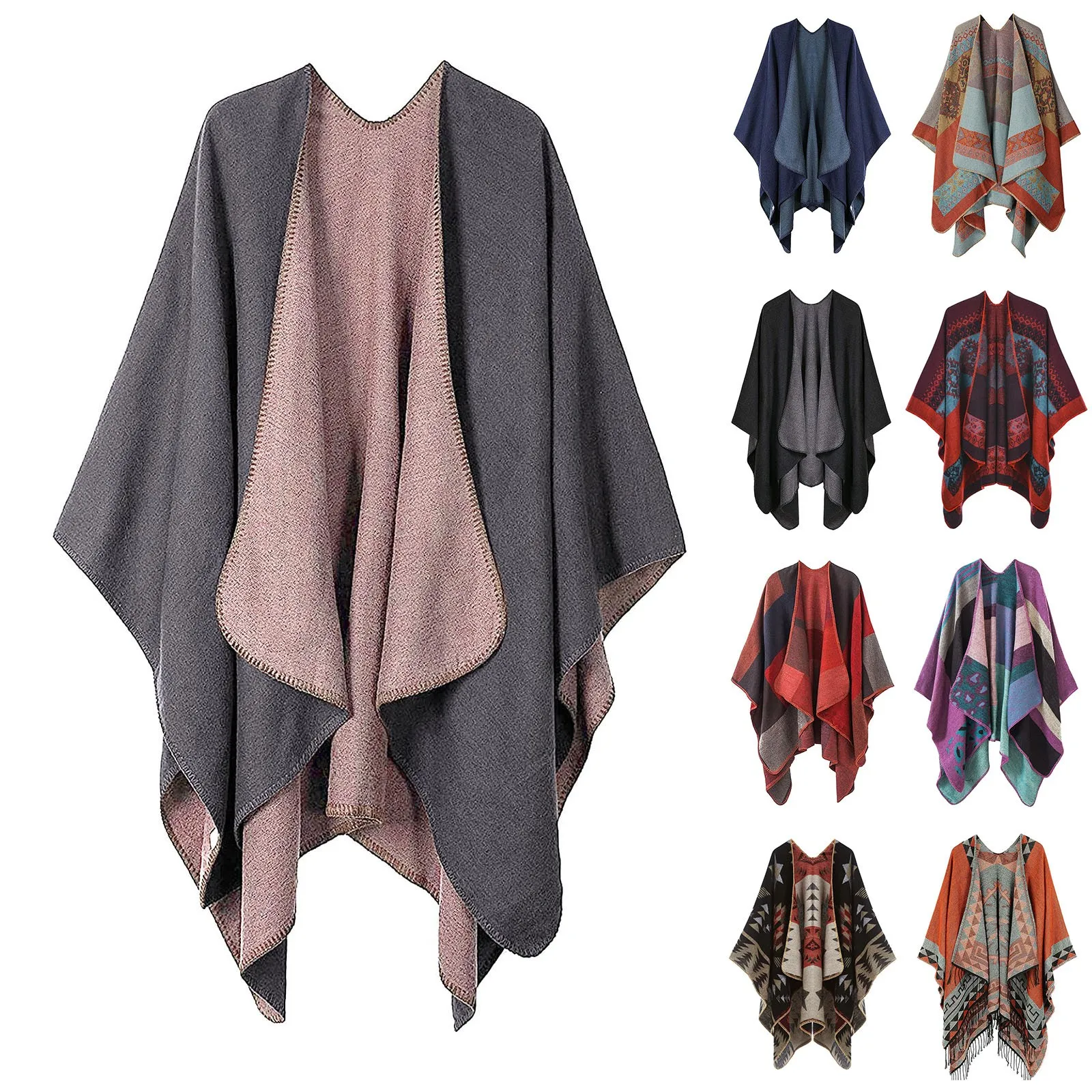 Vintage Harajuku Knitted Blanket Shawls Scarfs Women's Warm Cardigans Wraps Fringe Cape Winter Cardigan Sweaters Open Front Ponc