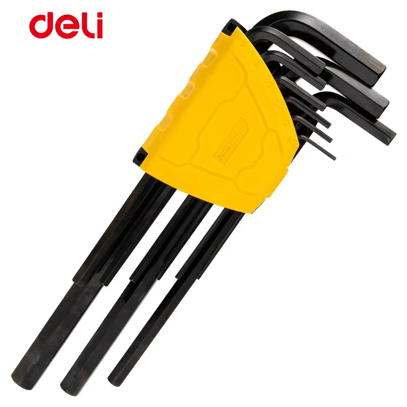 Deli 9Pcs Cr-V Steel Allen Wrench Set Flat Head Hex Key L-Shaped with Foldable Holder for Auto Home Repair