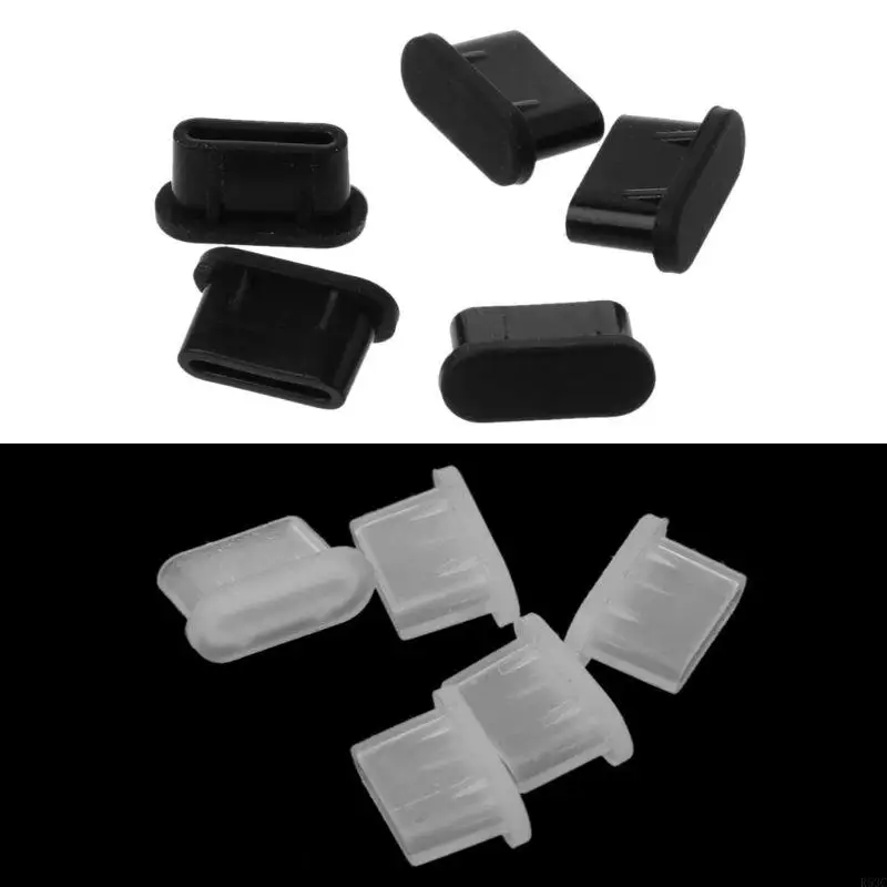 R53C 5 Pieces Portable Silicone Type-C Dust Plug Protects Your Devices for Phone Accessories Clear / Black