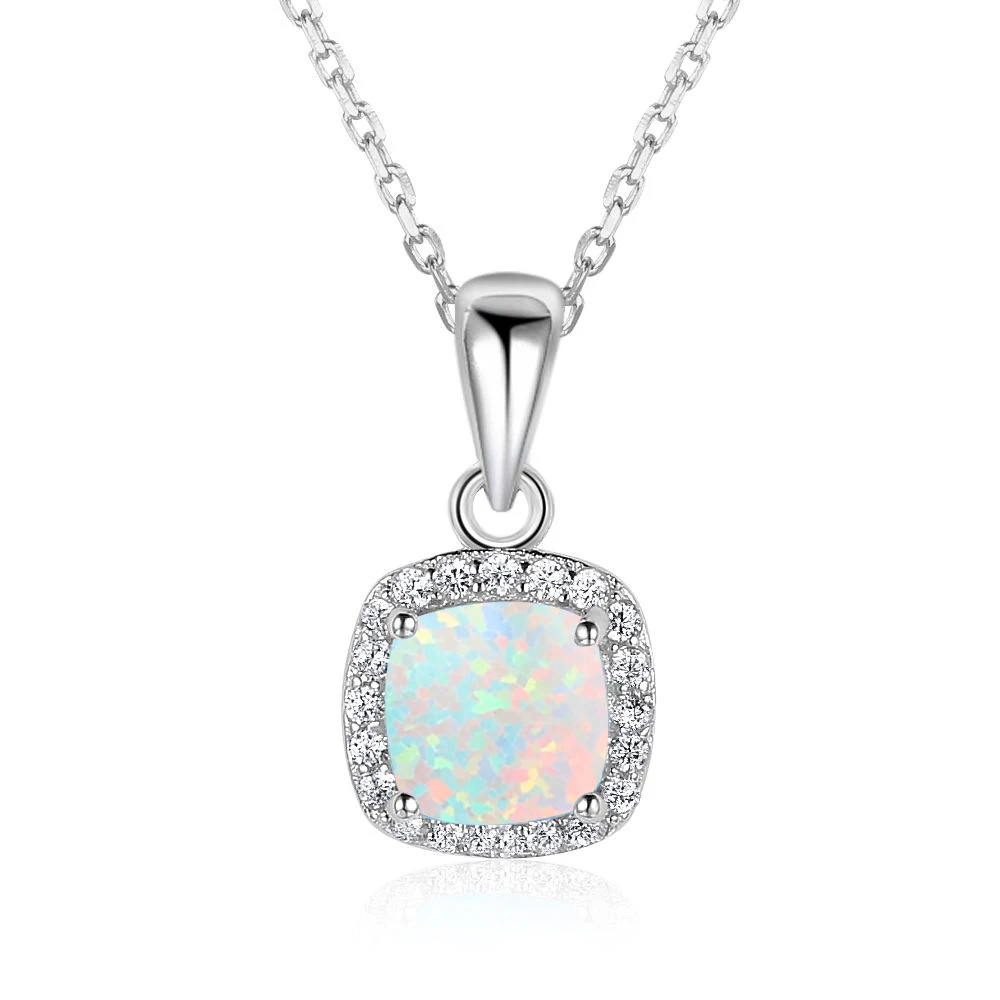 Silver Color Fire Opal Pendant Necklaces Cubic Zirconia Square White Opal Stone Necklace Gift for Women (Lam Hub Fong)