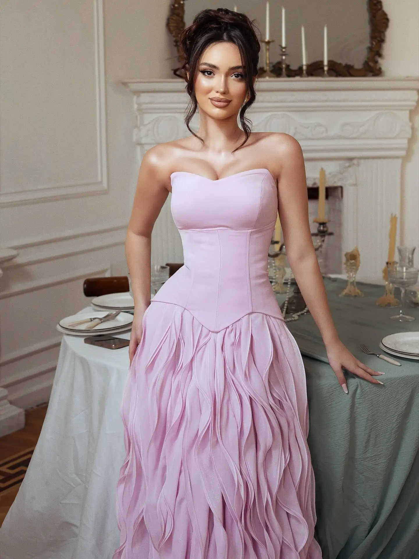 Elegant Pink Strapless Ball Gown Cottagecore Minimalist Midi Dress Summer Style Romantic Ruffle Skirt for Prom & Evening Events