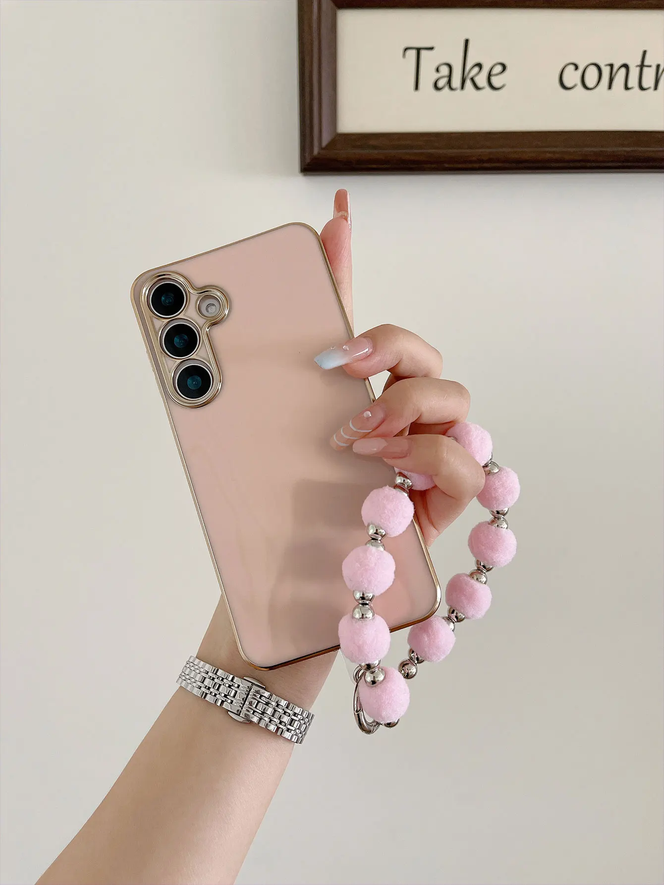 Luxuriöse vergoldete rosa Pom Pom Lanyard Handyhülle für Note20 Note10 M54 M53 M52 M33 M32 Rückseite