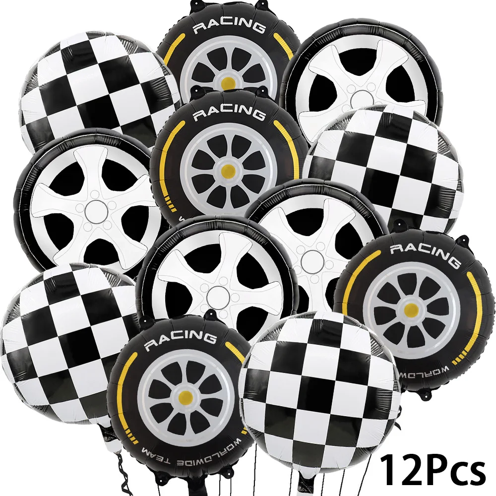 12-teiliges Racing-Themed-Ballon-Set, 18 Zoll schwarz-weiß karierte Luftballons, 18 Zoll reifenförmige Luftballons, 18 Zoll Goldrand-Reifenförmige Luftballons, Reifenfolienballons; Geeignet für