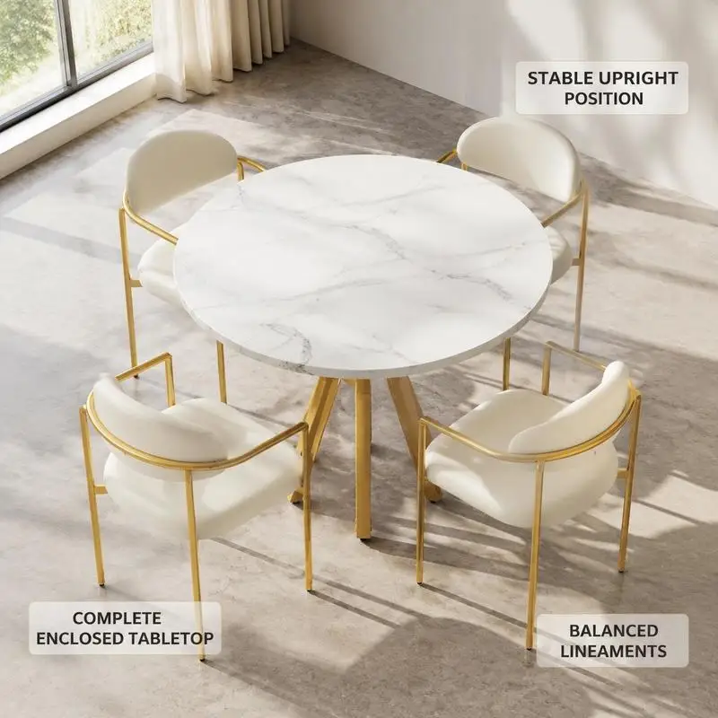 Runder Esstisch, MDF-Tischplatte mit Marmormuster und goldenen Metallbeinen, modernes minimalistisches Design für 4-6 Personen, geeignet für Esszimmer, Wohnzimmer, Wohnungsmöbel, 100 cm