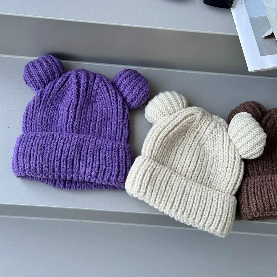 Children\'s cute bear ear knitted hat baby wool hat foreign style solid colour boys and girls pullover hat cute