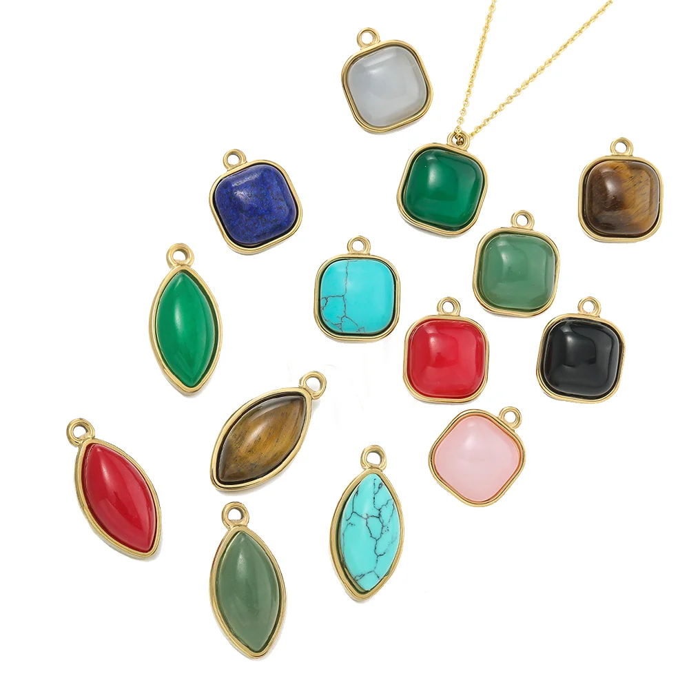 1pcs/lot Stainless Steel Charms Natutal Stone Square Oval Shape Pendants for Jewelry Making DIY Bracelet Necklace Accessories