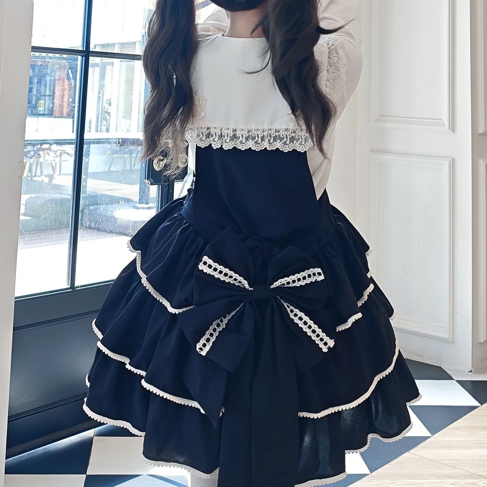 Lolita original doce e fofa saia diária de três camadas com alça bodycon vestido regular ajuste solto fino