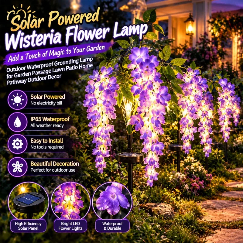 Solar Powered Wisteria Flower Lamp Outdoor Waterproof LED Ground Stake Light Garden Courtyard Pathway Lawn Patio Yard Decoration