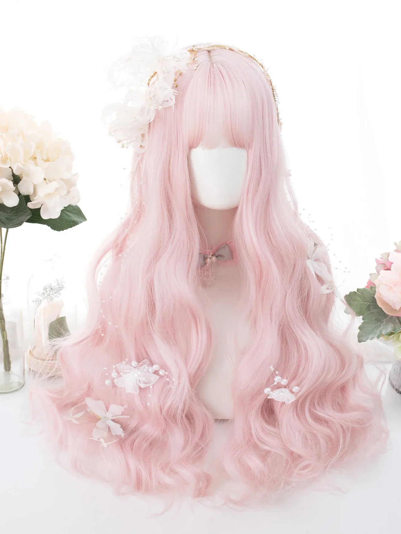 Wig sintetik warna Pink persik 26 inci dengan Bang Wig rambut berombak panjang alami untuk wanita penggunaan sehari-hari Cosplay tahan panas