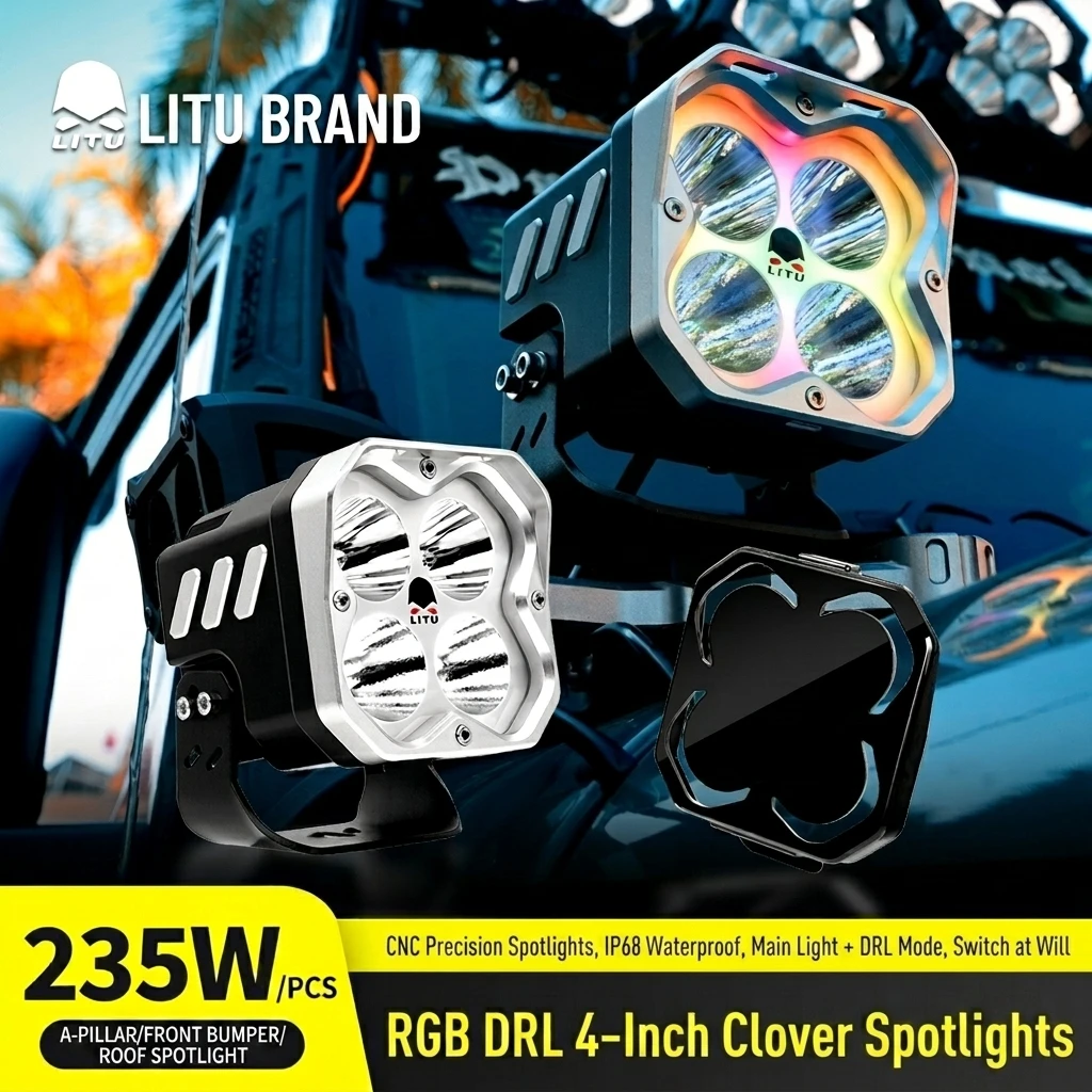Super Bright 12V 245W LED Work Light 6000K 4 Inch LED Light Pods with RGB DRL Off-road Driving Spotlight for UTV ATV Truck