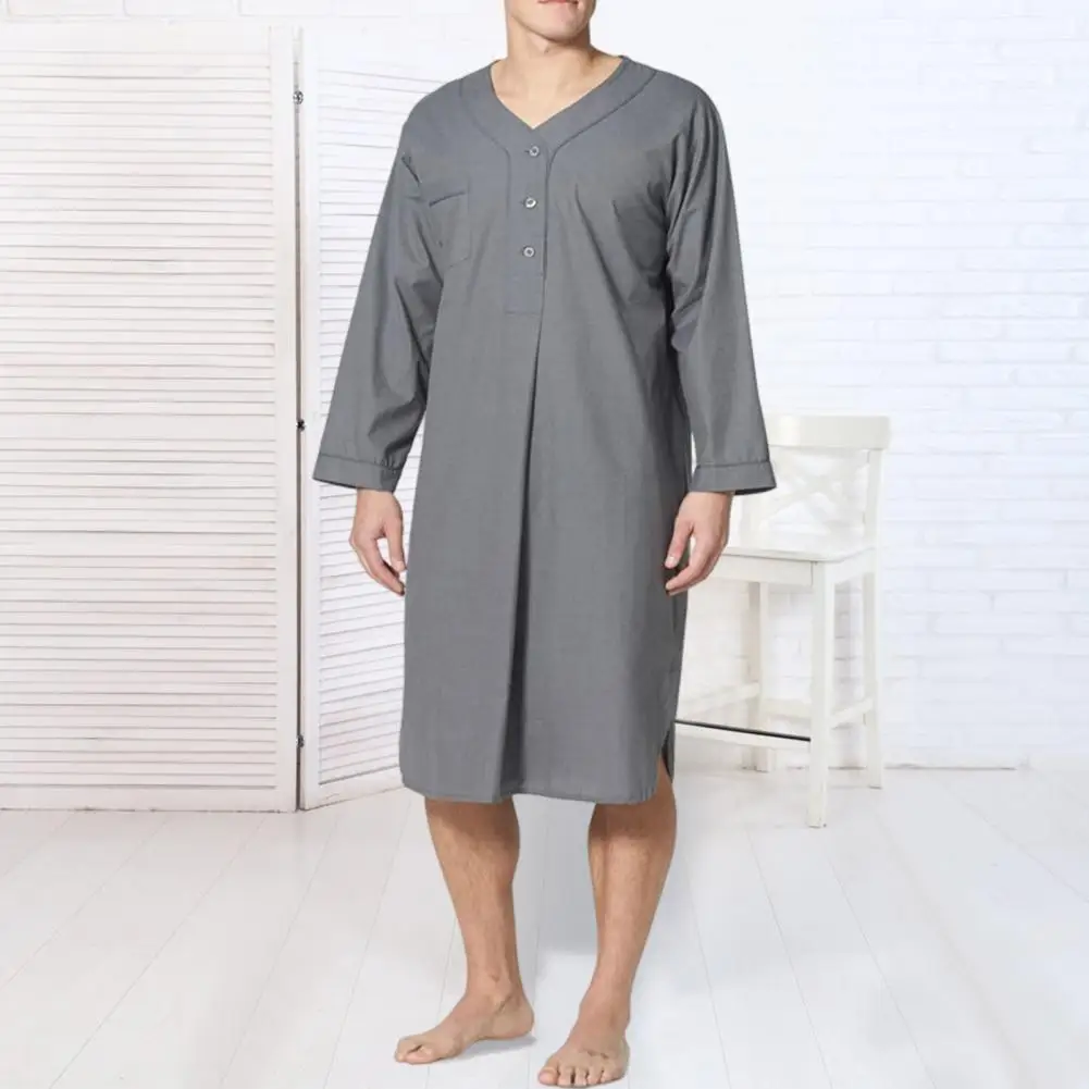 Jubah mandi baju tidur pria, pakaian tidur panjang selutut warna polos dengan saku leher V lembut bernafas untuk malam nyaman