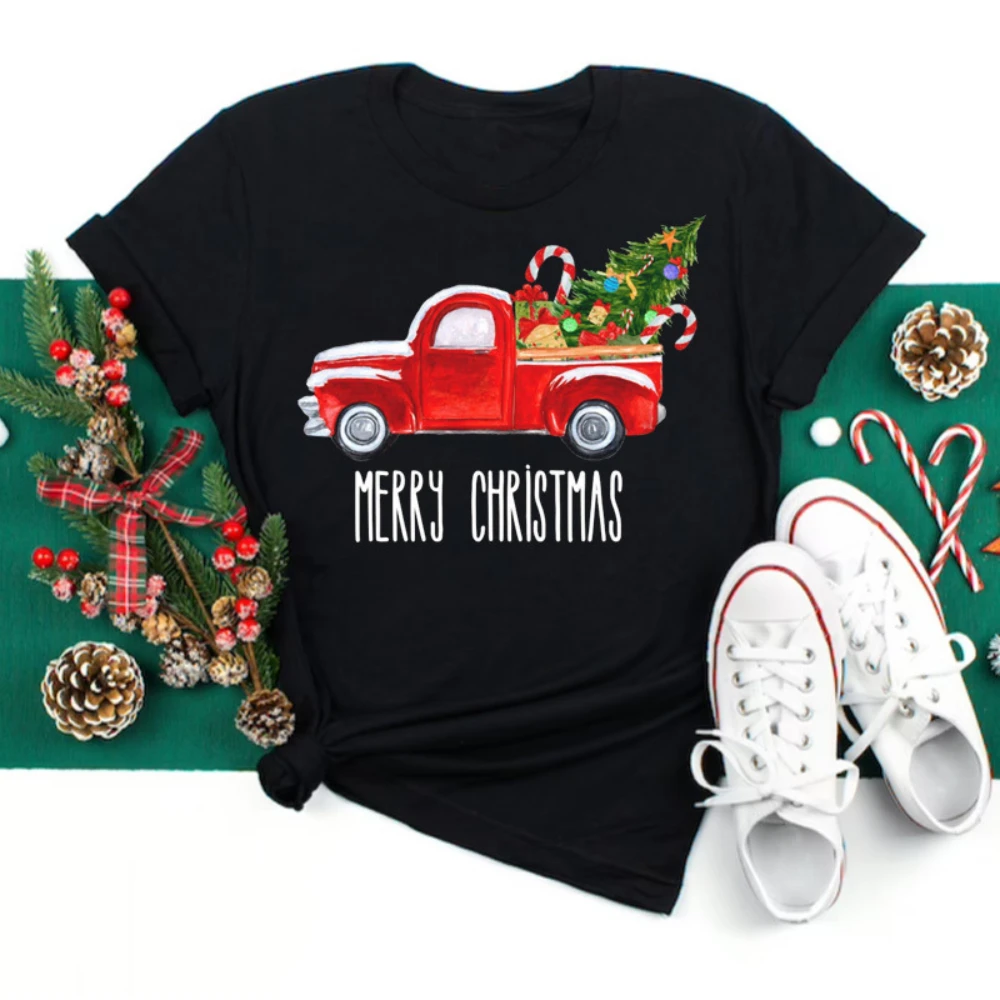 

Happy Christmas T-shirt Women T-shirt Cartoon Christmas Theme Tshirt Women Tops Daily Christmas Celebration Wear