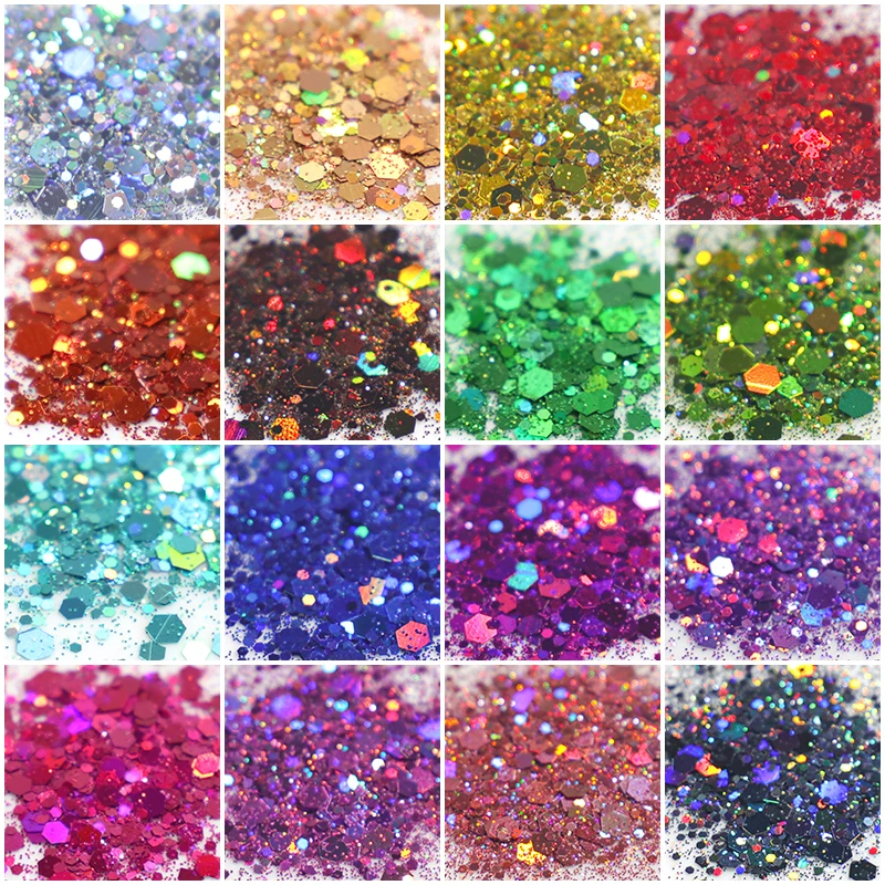 4g Sparkly Laser Color Nail Glitter Decor Mixed Size Hexagon Chunky Iridescent Nail Art Accessories Polish Manicure Decoration