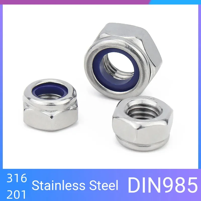 316 / 201 Stainless Steel DIN985 Nylon Lock Nut Insert Hexagonal Self-pressing Silvery M3M4M5M6M8M10M12M14M16M18M20