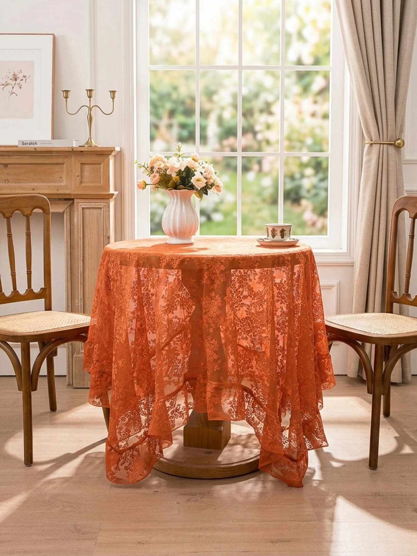 Elegante Rostorange Spitzen-Tischdecke, Romantischer Rustikaler Tisch für Nachmittagstee, Herbst, Thanksgiving-Party-Dekoration