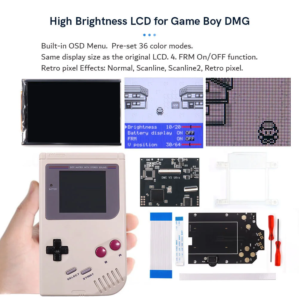 GB Cổ Điển DMG V5 Xẻ Trước Nhà Ở 36 Nhiều Màu Sắc Các Mô Hình Kích Thước Đầy Đủ Chín Đèn Nền Backlit LCD Bộ Cho GameBoy ban Đầu GBO Màn Hình