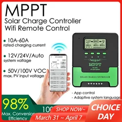12/24V WIFI MPPT Solar Charge Controller 10/20/30/40/50/60A Solar Panel Battery Regulator LCD USB for Lifepo4 Lead Acid Lithium