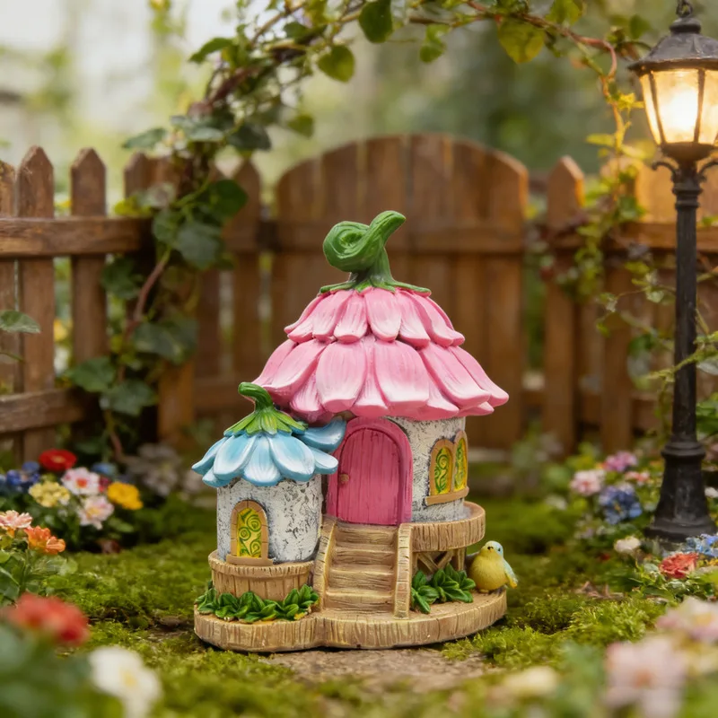 New Pink Petal Fairy House Resin Ornament, Miniature Landscape Decor, Fairy Garden Statue, Home Desktop Yard Patio Decoration, C