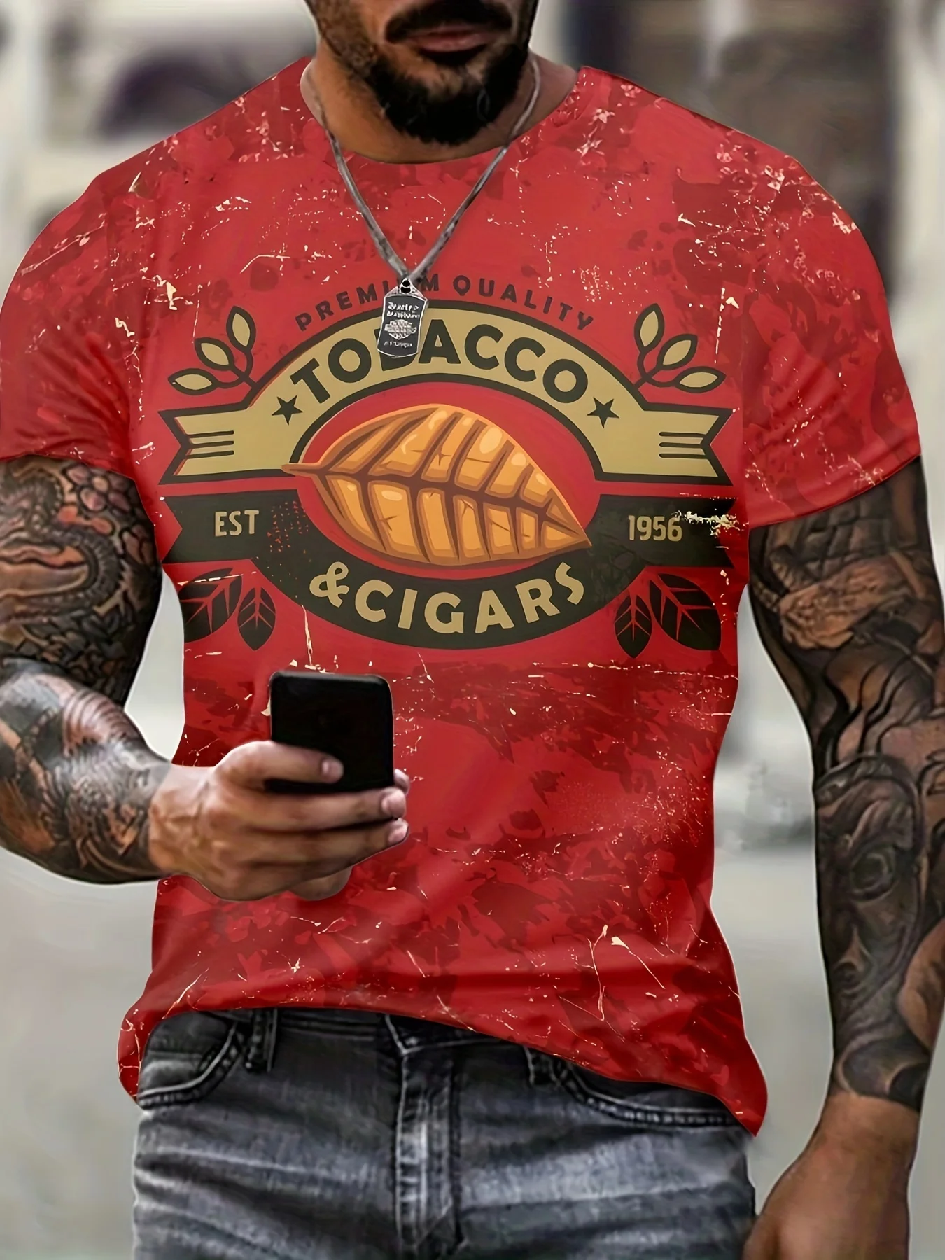 

2024 new Red T-shirt leaf print men short sleeve