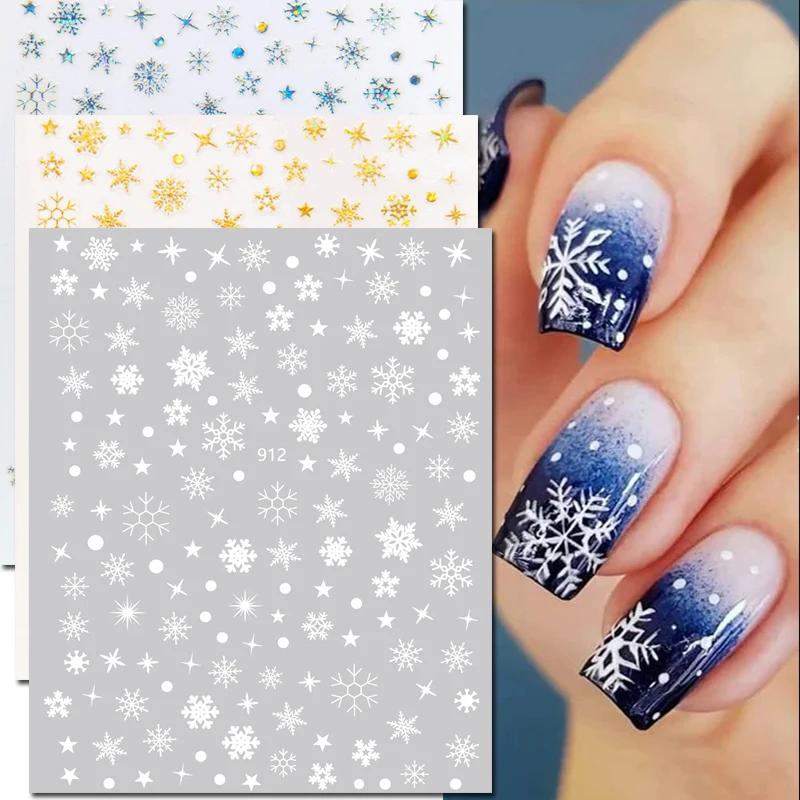 

3d Nail Art Stickers Winter Christmas White Lasersilver Gold Snowflakes Sliders Decals For Nails Tips Decorations Manicures