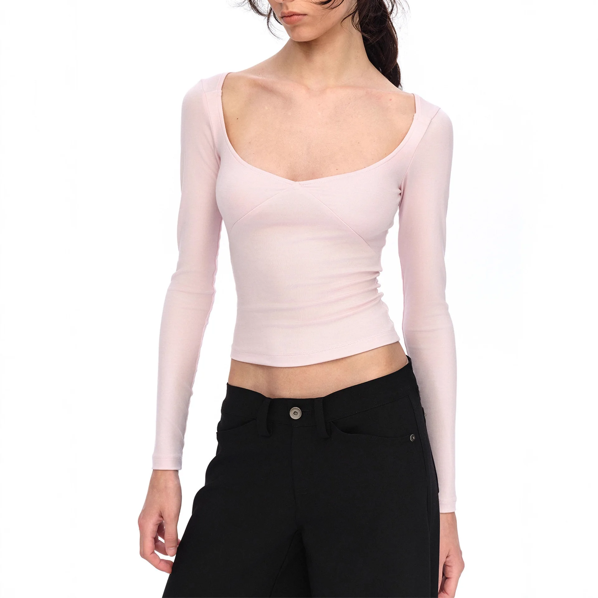 2025 New Chic Layering Top Pink Slim Fit Big V Neck Regular Shoulder Lightweight Versatile Long Sleeve Tee