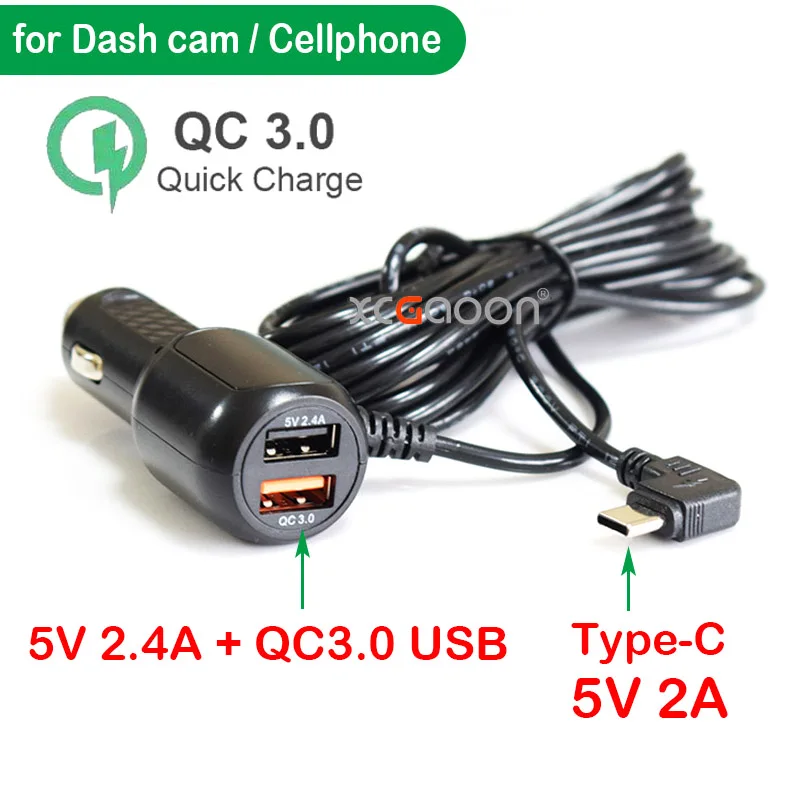 Type-C USB Autolader 5V 2.0A met QC3.0 USB2.0A poort snelladen voor Dashcam Auto DVR Camera Telefoon GPS Recorder - 3.5M kabel